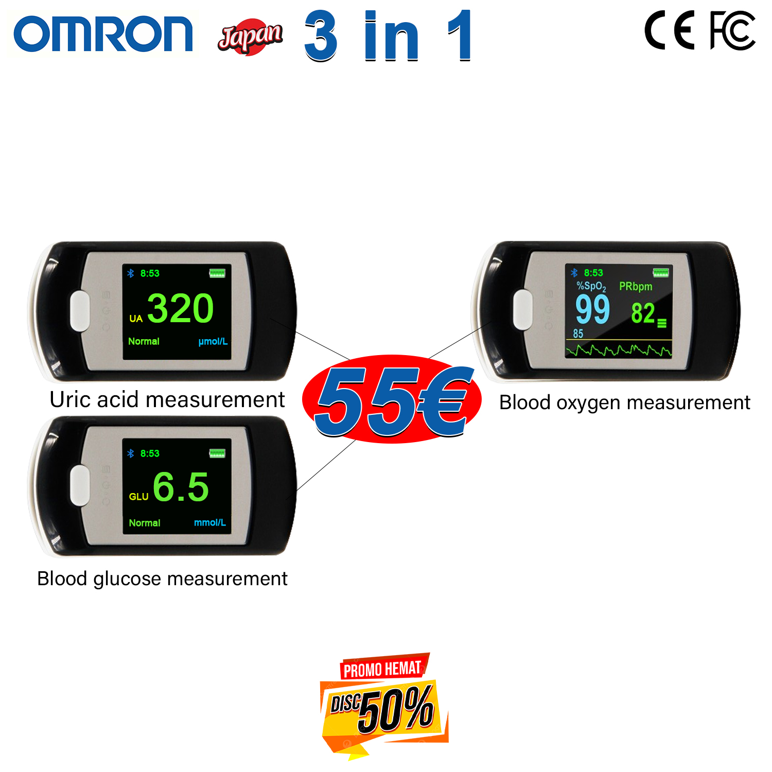 T02 (glucemia no invasiva + oxígeno en sangre no invasivo + ácido úrico no invasivo + frecuencia cardíaca no invasiva + presión arterial no invasiva)